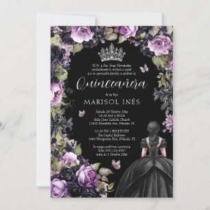 Invitation Quinceañera Gótica Morada y Negra con Flores Moody