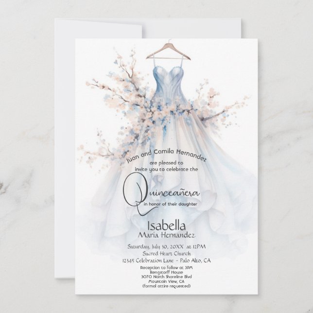 Invitation Quinceañera | Gown blanc aux fleurs roses (Devant)