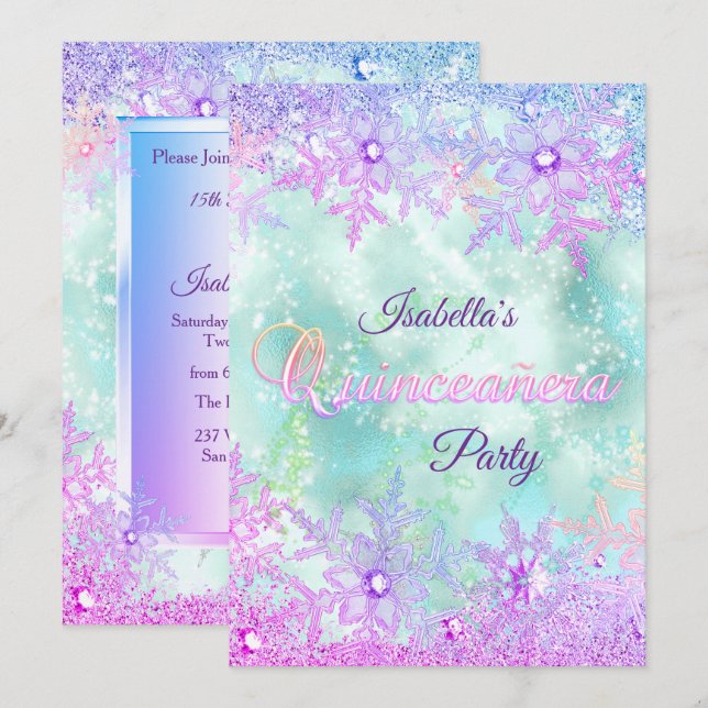 Invitation Quinceanera hiver Turquoise bleu pourpre rose (Devant / Derrière)