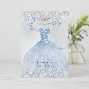 Invitation Quinceanera Holographique Confetti Robe Bleue Dust