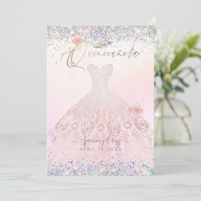 Invitation Quinceanera Holographique Confetti Rosé Rose (Debout devant)