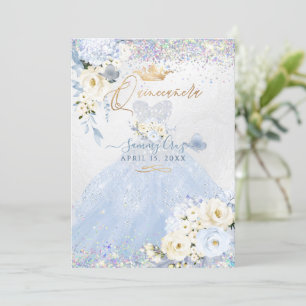 Invitation Quinceanera Holographique Dusty bleu robe d'argent