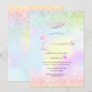 Invitation Quinceanera holographique Papillons roses + Paille