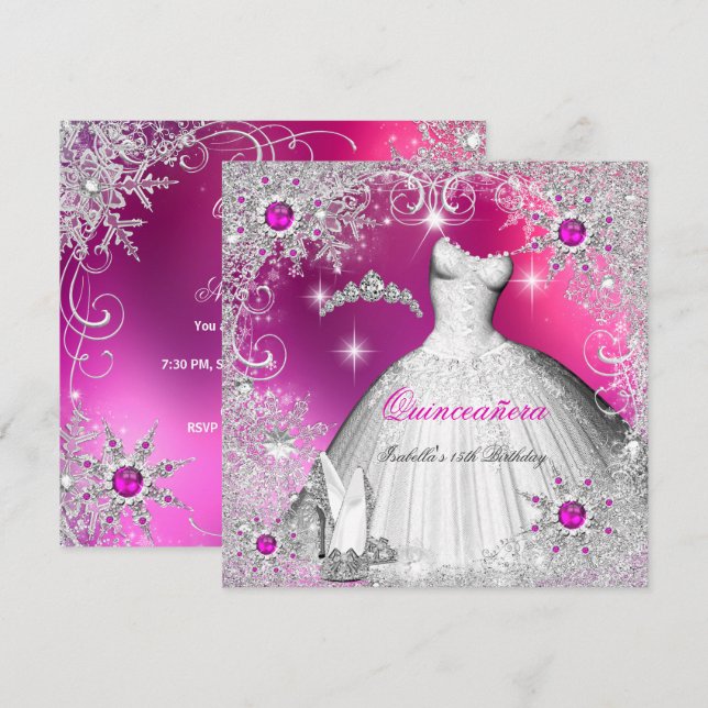 Invitation Quinceanera Hot Pink Pearl Silver Hiver Flocon de  (Devant / Derrière)