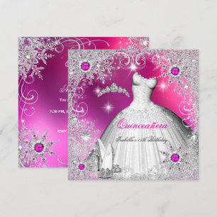 Invitation Quinceanera Hot Pink Pearl Silver Hiver Flocon de 