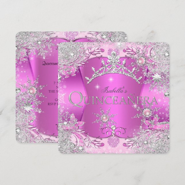 Invitation Quinceanera Hot Pink Winter Wonderland Tiara (Devant / Derrière)