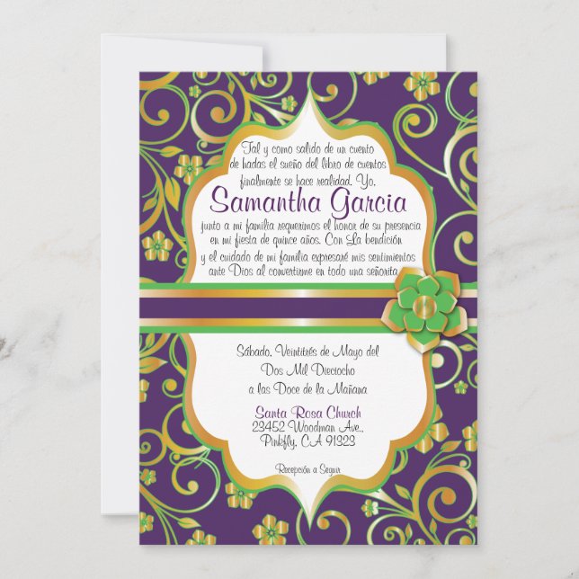 Invitation Quinceañera Invi espagnol sombre, vert et doré (Devant)