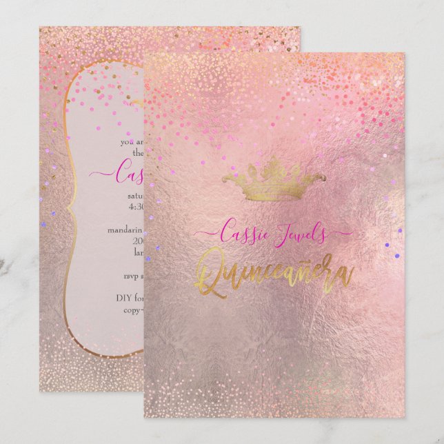 Invitation Quinceanera Iridescente Confetti+Princesse Crown (Devant / Derrière)