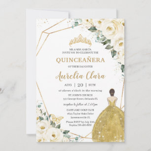 Invitation Quinceañera Ivory White Floral Gold robe Princesse