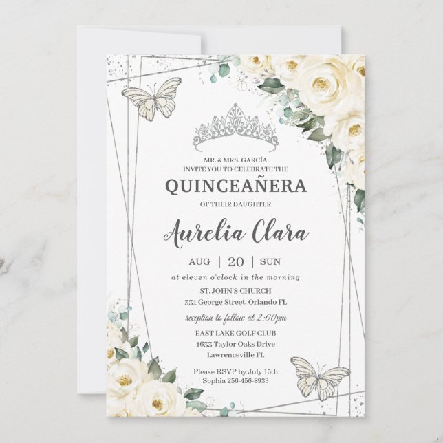Invitation Quinceañera Ivory White Floral Papillons Couronne  (Devant)