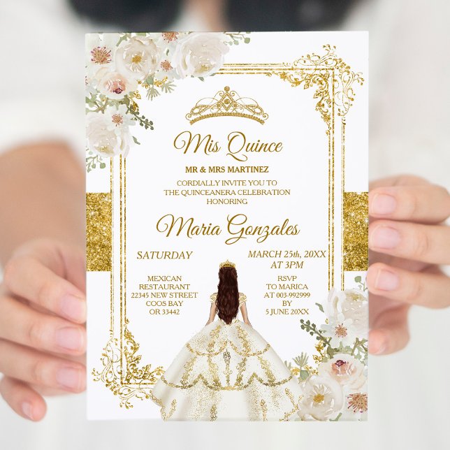 Invitation Quinceanera Ivory White Or Floral Anniversaire Cou (Créateur téléchargé)