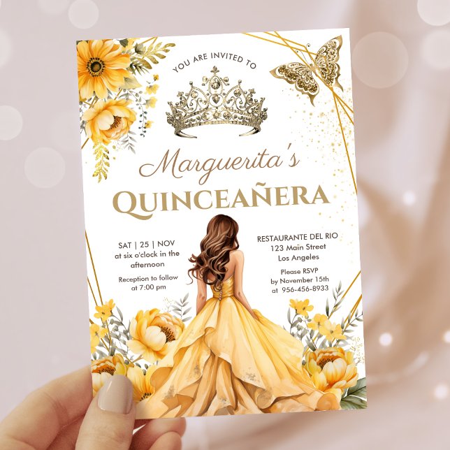 Invitation Quinceañera Jaune Floral Or Tiara Princesse (Créateur téléchargé)