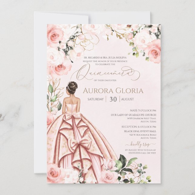 Invitation Quinceanera Joli rose Beau Rose 15e  (Devant)