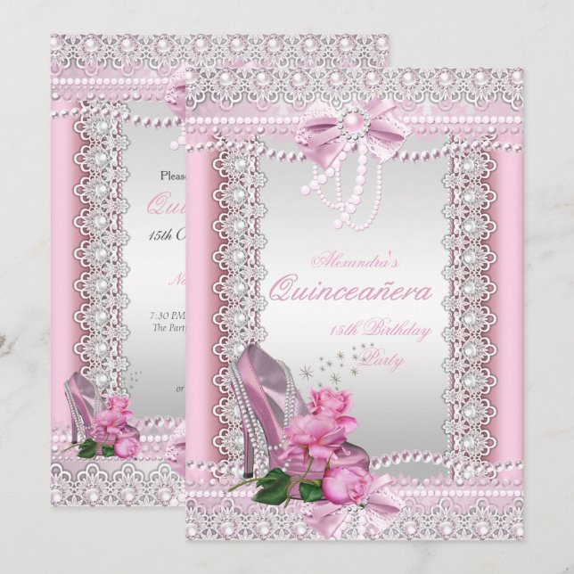 Invitation Quinceanera Joli rose Rose Rose Haut talon (Devant / Derrière)