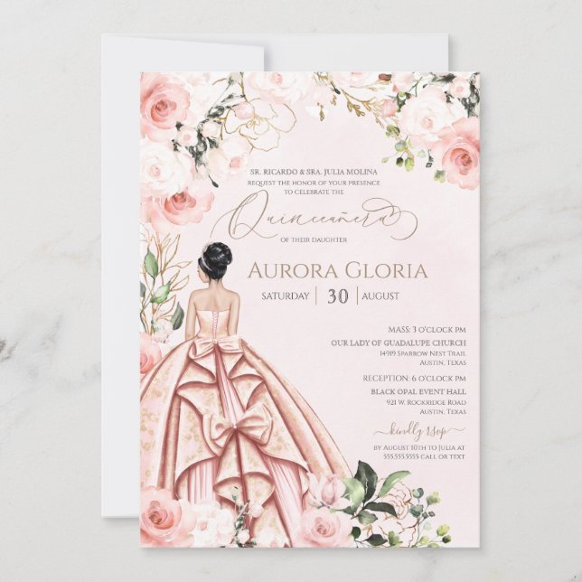 Invitation Quinceanera Jolie en rose Beau Blush 15 Anniversai (Devant)