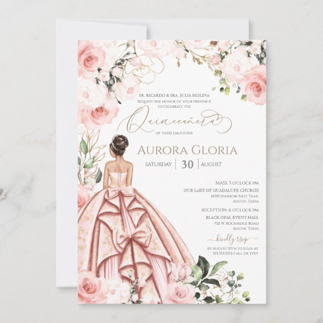 Invitation Quinceanera Jolie en rose Beau Roses Blush (Devant)