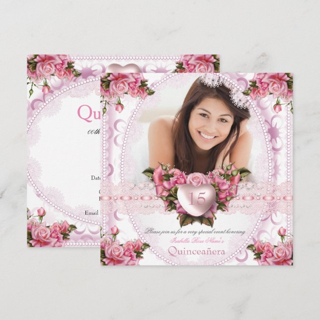 Invitation Quinceanera Jolie rose rose Rose Anniversaire 2 (Devant / Derrière)