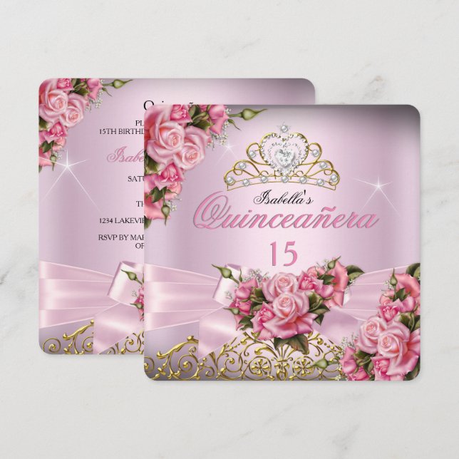 Invitation Quinceanera Jolie rose Roses Tiara 15e anniversair (Devant / Derrière)