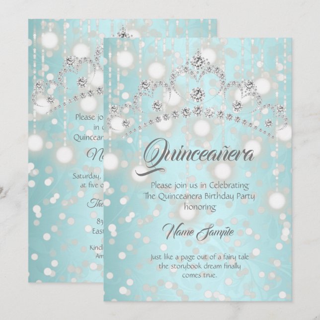 Invitation Quinceanera Jolie Turquoise Silver Diamond Tiara (Devant / Derrière)