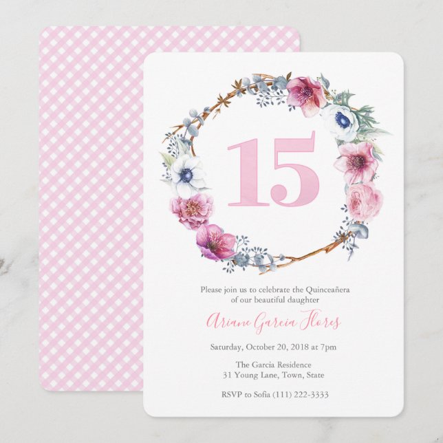 Invitation Quinceañera Latina 15e fête d'anniversaire pour fi (Devant / Derrière)