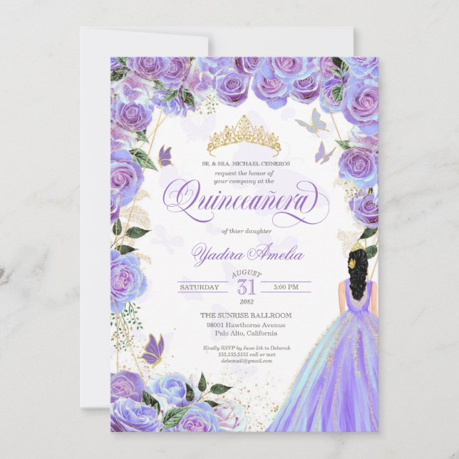 Invitation Quinceanera Lavande Purple Élégant Papillon Inv (Devant)