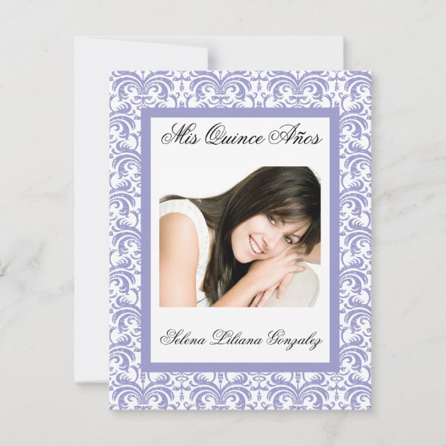 Invitation Quinceanera Lavender Damask violet et blanc (Devant)