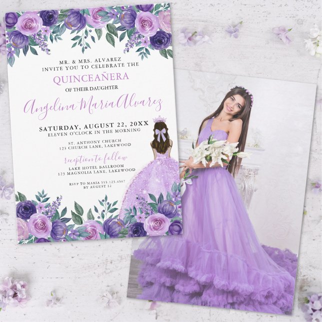 Invitation Quinceanera Lavender Purple Photo Florale (Quinceanera Lavender Purple Photo Floral Invitation)