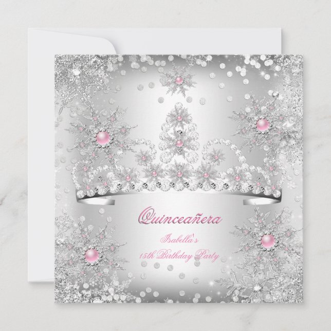 Invitation Quinceanera Light Rose Silver Winter Wonderland (Devant)