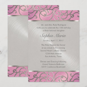 Invitation Quinceanera Lilac Flèches roses et argentées en fi