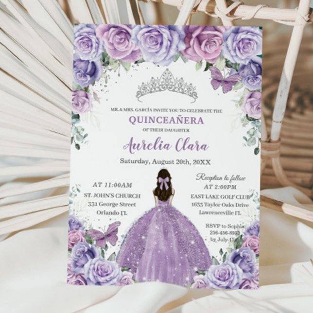 Invitation Quinceañera Lilac Fleurs pourpres Papillons Couron (Créateur téléchargé)