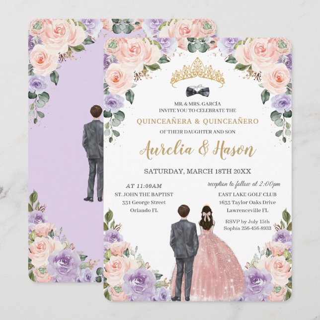 Invitation Quinceañera Lilac Fleurs Rouges Jumeaux Garçon Fil (Devant / Derrière)
