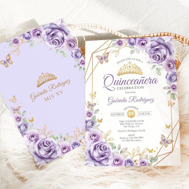 Invitation Quinceanera Lilac Floral pourpre (Créateur téléchargé)