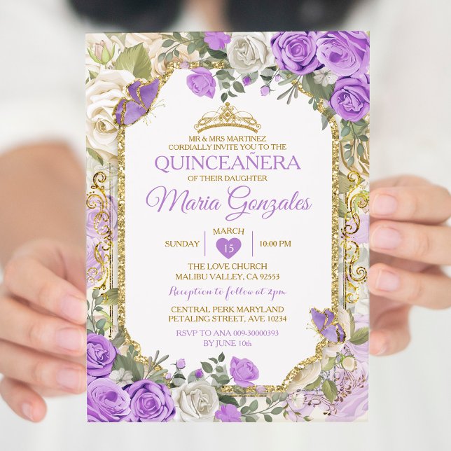 Invitation Quinceañera Lilac & Gold Crown Papillon mexicain (Créateur téléchargé)