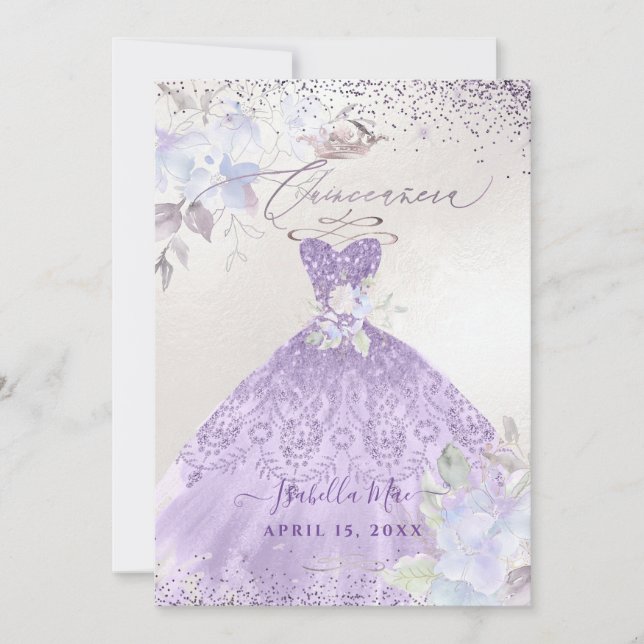 Invitation Quinceanera Lilac Purple Argent Parties scintillan (Devant)