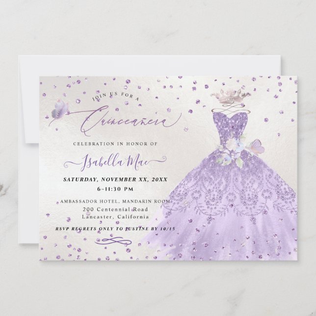 Invitation Quinceanera Lilac Purple Argent Parties scintillan (Devant)