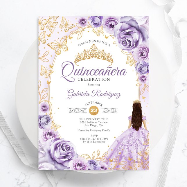 Invitation Quinceanera Lilac Purple Or Floral (Créateur téléchargé)