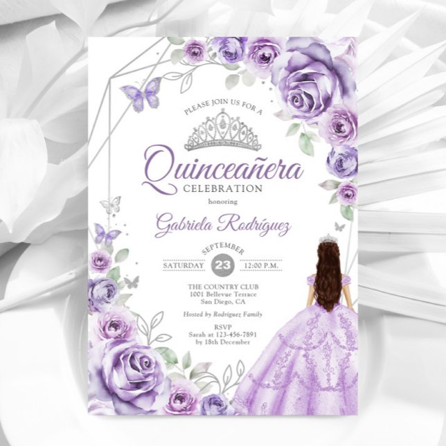 Invitation Quinceanera Lilac Robe d'argent violet Floral (Créateur téléchargé)