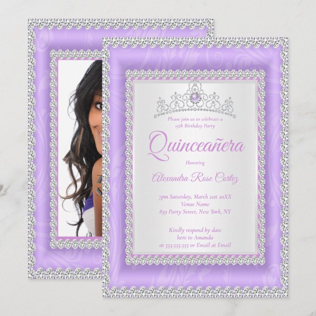 Invitation Quinceanera Lilac Tiara Photo Anniversaire (Devant / Derrière)