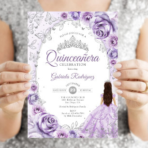Invitation Quinceanera lilas violet argent floral