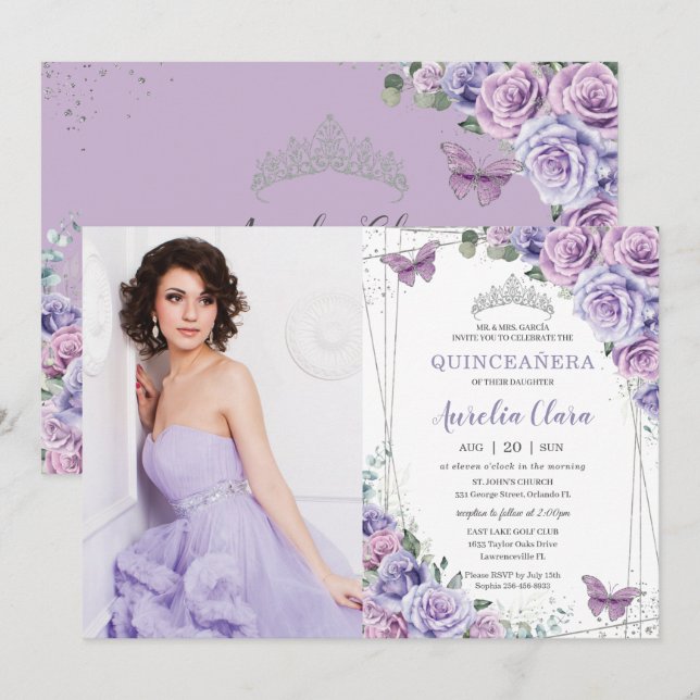 Invitation Quinceañera lilas violettes fleurs papillons argen (Devant / Derrière)