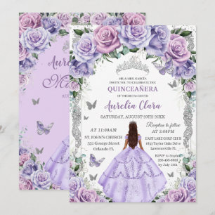 Invitation Quinceañera lilas violettes floral argent princess