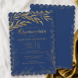 Invitation Quinceanera Luxe Royal Blue et Feuilles d'or