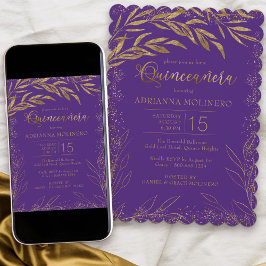 Invitation Quinceanera Luxe Violet et Or Feuilles Anniversair
