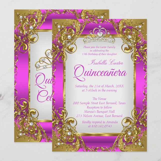 Invitation Quinceanera Magenta Golden Pearl Tiara Party (Devant / Derrière)
