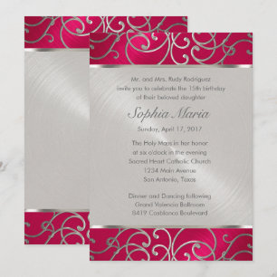 Invitation Quinceanera Magenta Rose Argent Tourbillons Filigr