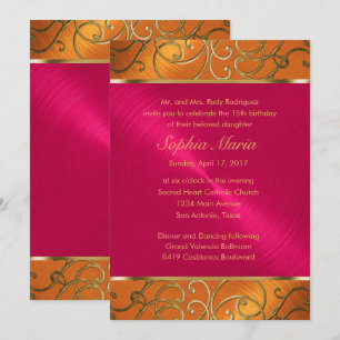 Invitation Quinceanera Magenta Rose Orange Gold Filigree