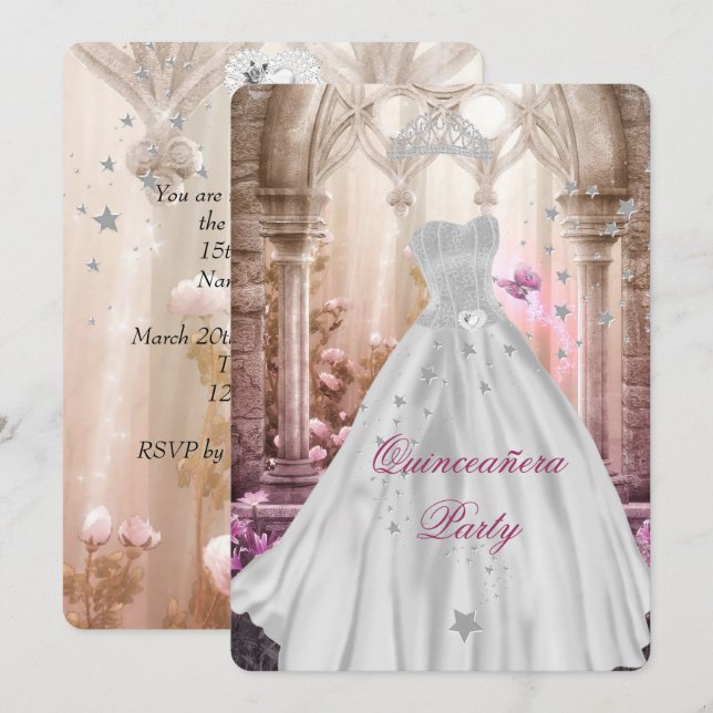 Invitation Quinceanera magique princesse rose 15e anniversair (Devant / Derrière)