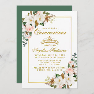 Invitation Quinceanera Magnolia Rose Floral Or Vert