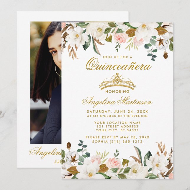 Invitation Quinceanera Magnolias Rose photo florale (Devant / Derrière)