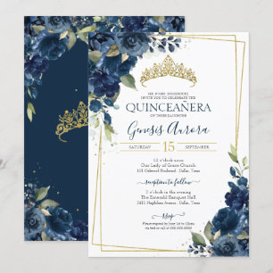 Invitation Quinceañera Marine Bleu Elegant Aquarelle Floral